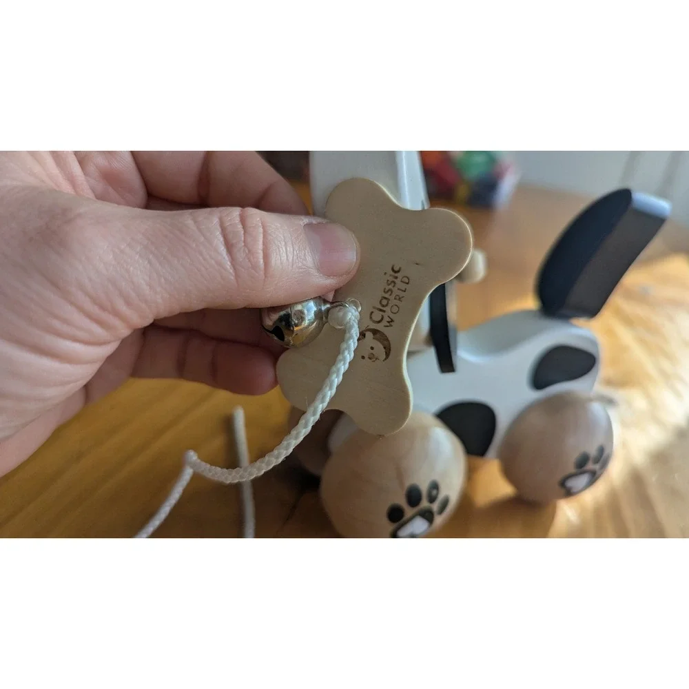 Classic World Wooden Pull‎ Toy Dog Spotted Puppy with Bone Handle and Bell